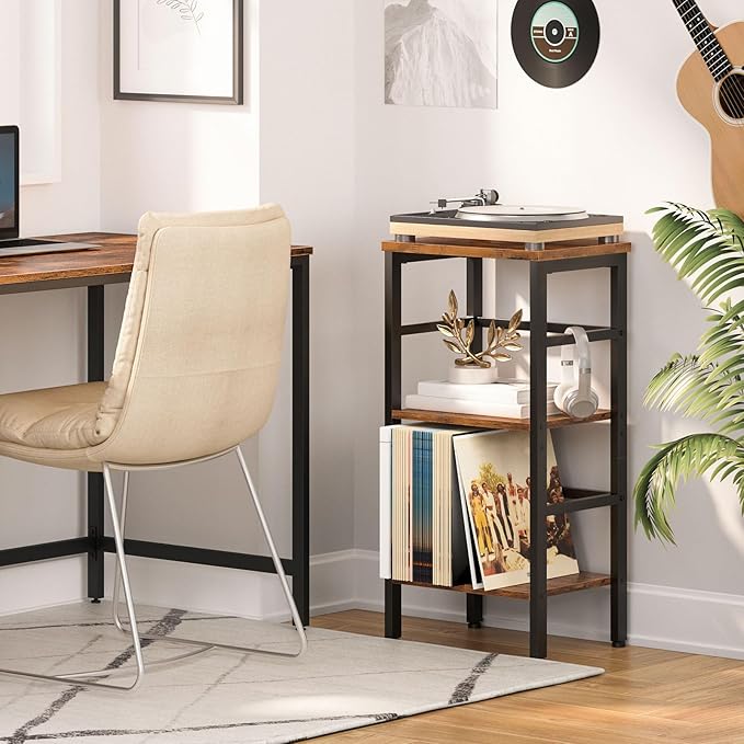 HOOBRO 3 Tier Bookshelf, Small Narrow Bookshelf, Record Storage Rack with Side Fence, Floor-Standing Shelf Units, Narrow Display Shelf for Living Room, Bedroom, Classroom, Rustic Brown BF80CJ01G1