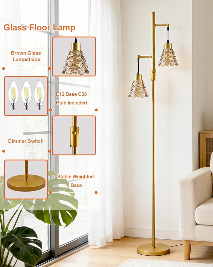 Lightdot 65IN Glass Floor Lamp for Living Room, 2- Light Gold Floor Lamps with Brown Glass Shade& 3000K Warm White Bulbs, Modern Standing Tall Lamp for Bedroom/Corner Beside/Home Decor
