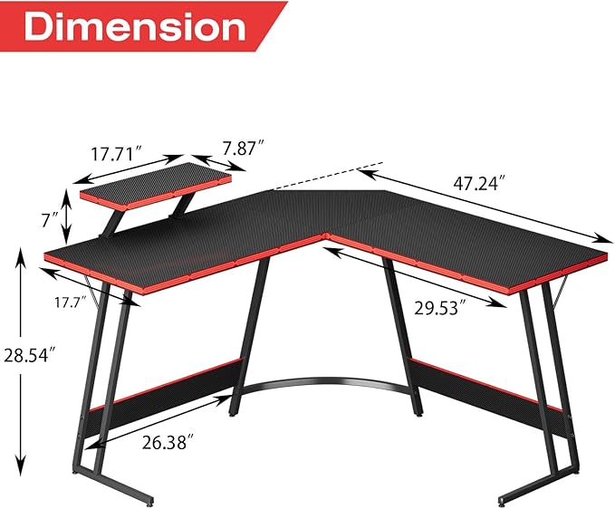 Homall L Shaped Gaming Desk Computer Corner PC Desk Table with Large Monitor Riser Stand for Home Office Sturdy Writing Workstation (Black, 47 Inch)