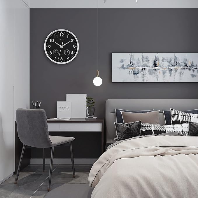 Wall Clock, Sweep Silent Movement Accurate Clocks with Temperature & Humidity, Decorative for Kitchen/Living Room/Bedroom/Office/Bathroom/Classroom (Silver, 10 inch)