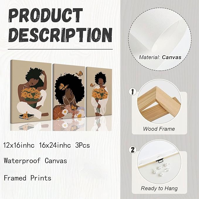 TUEASKY 3 Piece Canvas Wall Art African American Wall Decor Black Woman Pictures Sunflower Butterfly Paintings Abstract Prints Boho Artwork for Bedroom Bathroom
