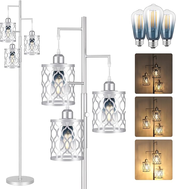 68" Farmhouse Floor lamp, Dimmable Industrial Floor Lamps for Living Room, 3 Light Rustic Standing Tall Lamp Including 3 PCS 6W Edison Bulbs, Tree Floor Lamp for Bedrooms Room, Office, Bar, Silver
