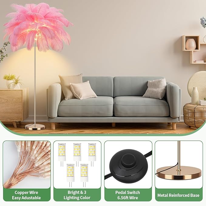 Feather Floor Lamp for Living Room, Fluffy Ostrich Feathers Lamp, Rose Gold Color Body, 3 Color Temperatures Modern Funky Arc Tall Standing Lamp for Bedroom Inclued Bright LED Bulbs (Pink)