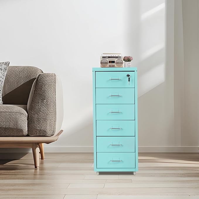 6 Tiers Metal File Cabinet with 6 Drawers Vertical Filing Cabinet with Lock & Wheels Freestanding Locking Storage Cabinet for Home Office, 11 * 16 * 27in (Blue)