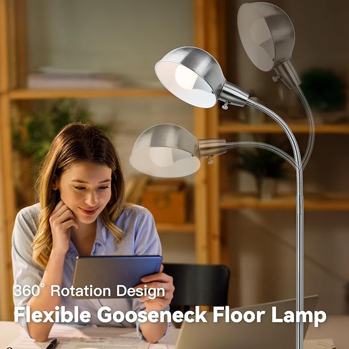 Dimmable Floor Lamp with Flexible Gooseneck and Rotatable Shade, Modern Style Standing Tall Lamp, E26 Socket, LED Reading Lamp (Sliver)