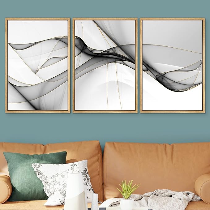 SIGNWIN Framed Canvas Print Wall Art Set Pastel Gray Geometric Smoke Wave Abstract Shapes Illustrations Modern Art Decorative Nordic Zen Chic for Living Room, Bedroom, Office - 16"x24"x3 Natural