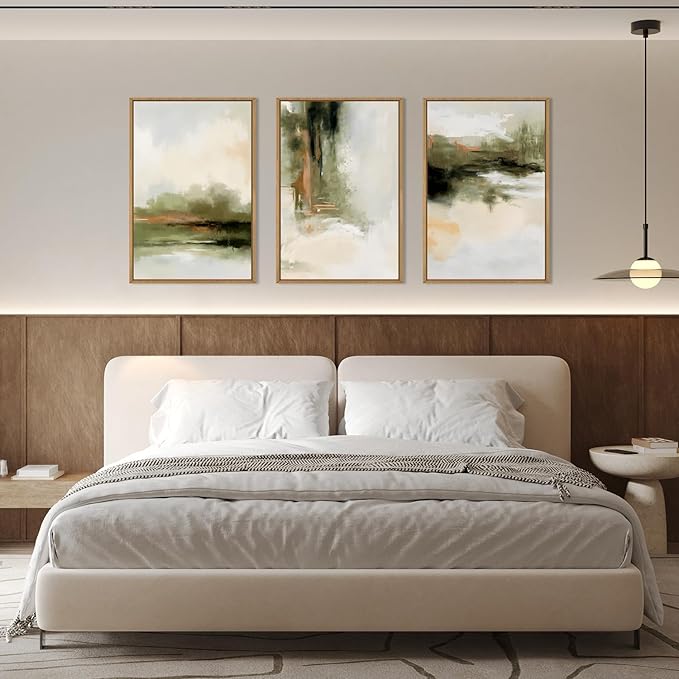 KAIRNE Green Abstract Neutral Framed Canvas Wall Art Set, Modern Watercolor Shapes Wall Decor, Minimalist Pastel Wall Painting, Brown, Gray Tan for Living Room, Bedroom, Office 24x36 Inch