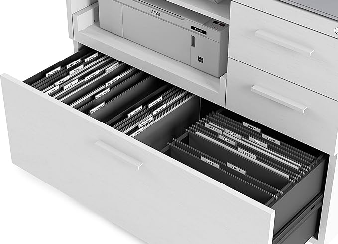 BDI Furniture Centro 6417-35'' Locking Lateral 3-Drawer File Cabinet with Letter or Legal-Size File Drawer, 2 Storage Drawers, Pull Out Printer Tray, Adjustable Shelf, Glass Top, Satin White