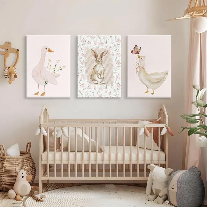 Vintage Nursery Wall Art Goose Canvas Poster Coquette Wall Decor Baby Girl Painting Kids Poster Bunny Rabbit Prints Cute Animal Pictures Duck Artwork for Bedroom Living Room 16x24x3 Inch Ready to Hang