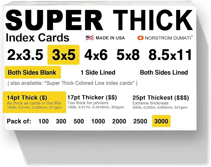 3,000 SUPER THICK index cards / 3"x5" / 14pt (0.014") 100lb / blank un-ruled/archival acid-free in bulk