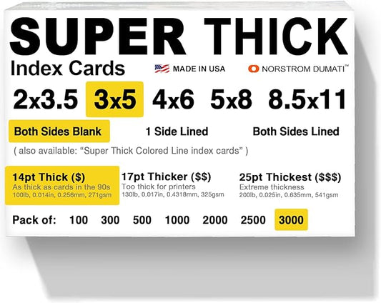 3,000 SUPER THICK index cards / 3"x5" / 14pt (0.014") 100lb / blank un-ruled/archival acid-free in bulk
