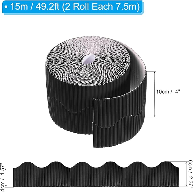 PATIKIL 3.9inch x 49.2ft Bulletin Board Border, Scalloped Trim Paper Corrugated Paper for Locker Classroom Decor Black White Cork Poster Boards, Black