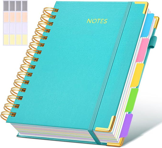 Hardcover Spiral Notebook journal with Removable Dividers Tabs, 300 Pages Leather 5 Subject Notebook College Ruled, 100GMS A5 Notebooks for Work School Note taking,Lined Journal for Women,A5-Blue