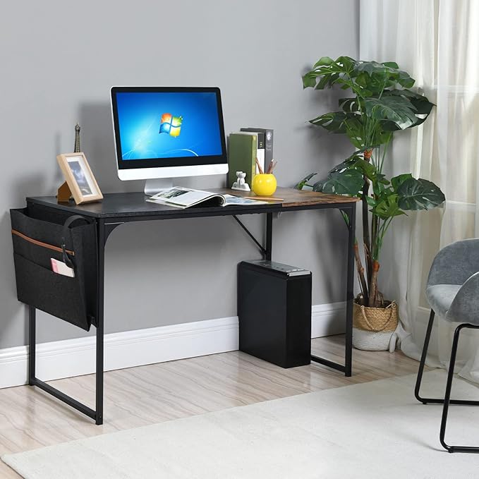 Homy Casa Inc Computer Desk 47 inch Study Writing Table with A Storage Bag Space Saving for Home Office, Modern Simple Style PC Desk, Black Metal Frame, Black & Brown Table Top