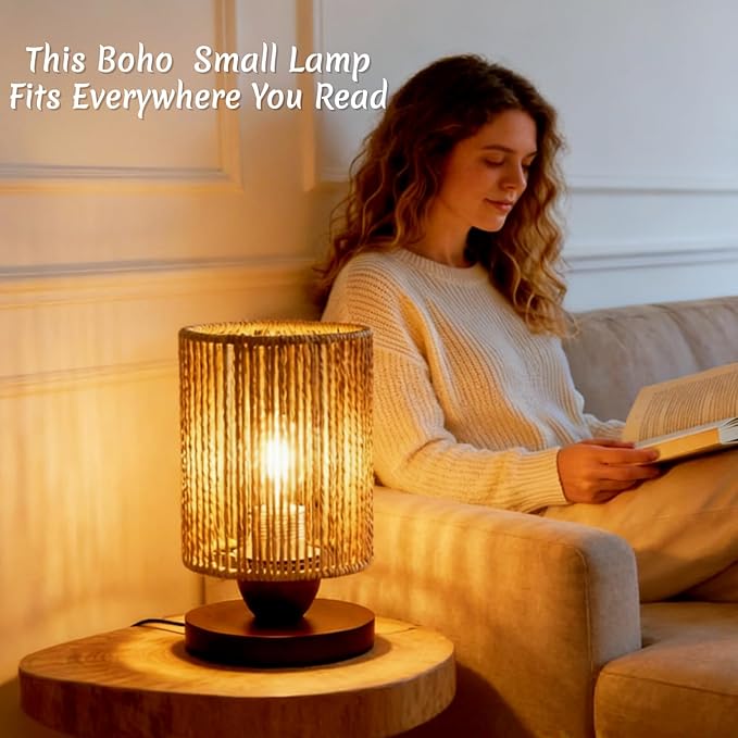 Rattan Table Lamp, Boho Bedroom Bedside Small Lamps with Warm White LED Bulb, Vintage Wooden Nightstand Nightlight, Rustic Handmade Woven End Desk Lamps for Bedroom Living Room Study Kids Room