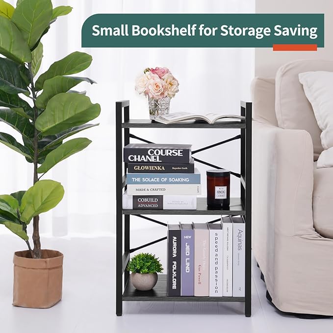 Yoobure Bookshelf Small Book Shelf, Solid Industrial 3 Tier Shelf Bookcase, Short Book Case for Bedroom, Living Room, Office Home, Small Spaces, Easy Assembly Charcoal Gray