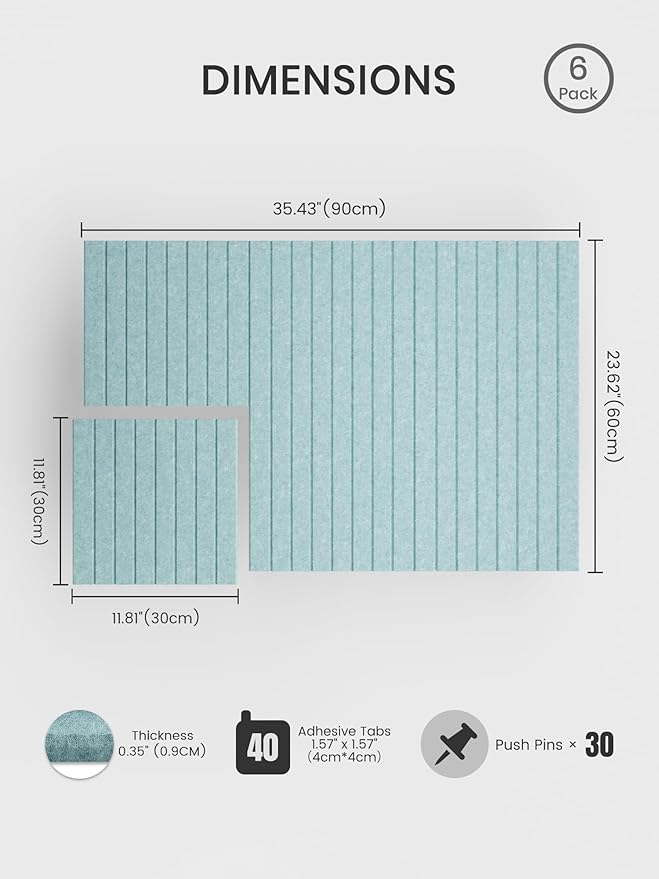 Bumusty Large Cork Board Alternative-36 x 24" Felt Bulletin Board Tiles, with 30 Pushpins, 40 Adhesive Tabs, 6-Pack Slat Wall Paneling, Cork Boards for Office Push Pin Board Felt Board-Aqua Blue
