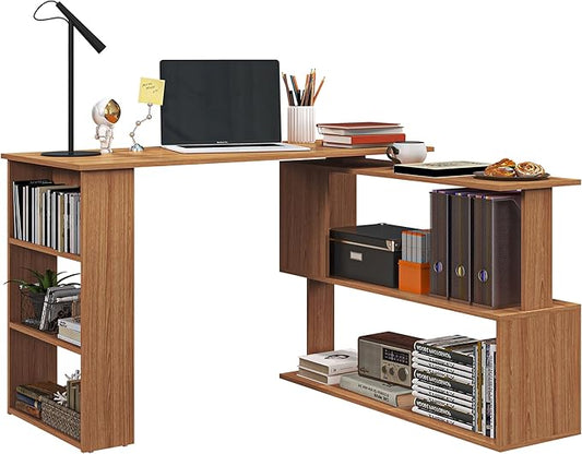 HOMCOM L Shaped Desk, Corner Computer Desk, 360 Degree Rotating Home Office Desk with Storage Shelves, Writing Table Workstation, Teak