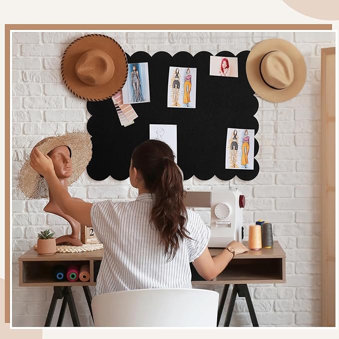 Scalloped Felt Bulletin Board 24 x 18 Inches Foldable Black Pin Cork Board Alternative for Wall, 2' x 1.5' Trifold Picture Vision Self Adhesive Bulletin Decorative