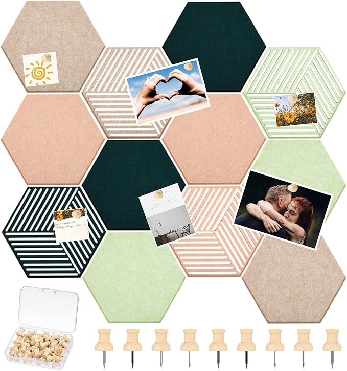 12 Pcs Hexagon Cork Boards Tiles for Walls Decor 12 x 10 Inch Cork Bulletin Board Tiles with 50 Pins, Pin Board for Office Home for Office & Home for Notes Photos and DIY Classroom Decor