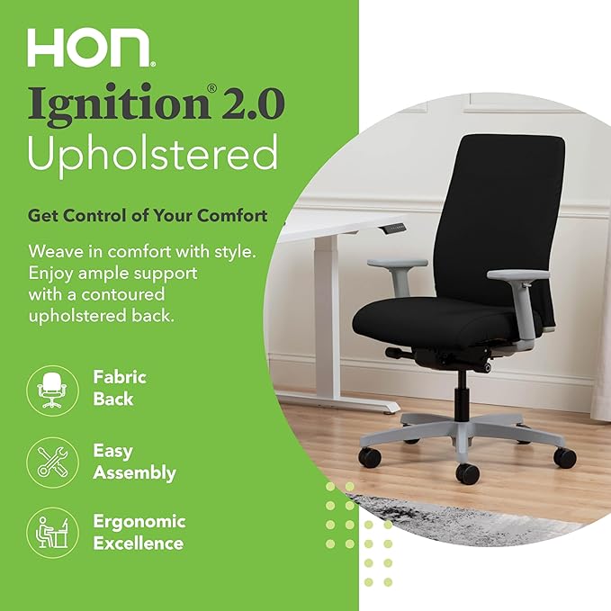 HON Ignition 2.0 Fabric Office Chair, Upholstered, Adjustable Arms, Advanced Synchro-Tilt Recline Executive Ergonomic Office Chair, Titanium Frame, Black