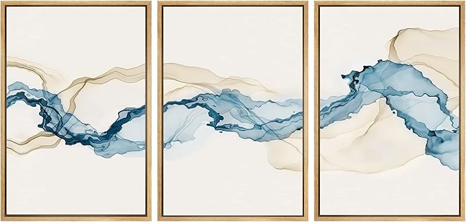 SIGNWIN Framed Canvas Print Wall Art Set Blue Tan Smoke Wave Landscape Abstract Shapes Illustrations Modern Art Decorative Contemporary Colorful for Living Room, Bedroom, Office - 24"x36"x3 Natural