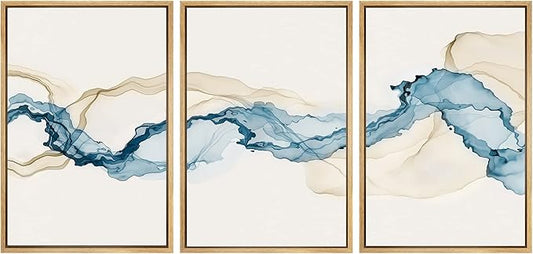 SIGNWIN Framed Canvas Print Wall Art Set Blue Tan Smoke Wave Landscape Abstract Shapes Illustrations Modern Art Decorative Contemporary Colorful for Living Room, Bedroom, Office - 24"x36"x3 Natural