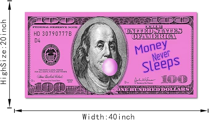 Pink Inspirational Office Canvas Art Benjamin Franklin 100 USD Dollar with Positive Quote Money Never Sleeps Creative Money Artwork Gift Choice for Men Workplace Gym Decor Framed Easy to Put-40 inch x 20 inch