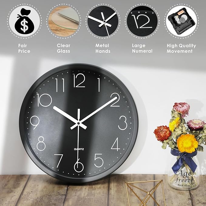 Plumeet Wall Clock, 12'' Bedroom Wall Clocks Battery Operated, Silent Quartz Clock Decorate Kitchen Living Room, 3D Numbers Display Easy to Read, Black