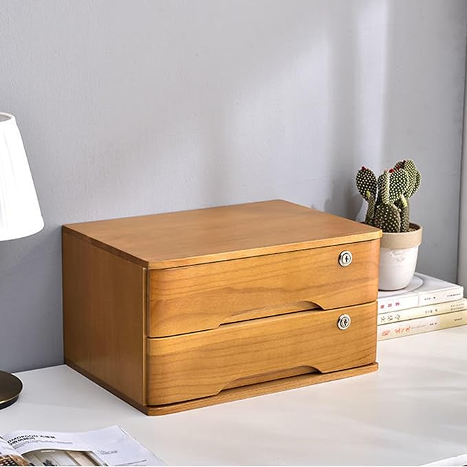 2 Drawers Wooden Desktop Storage Box,Small File Cabinet with Locks,Office Supplies A4 Filing Organizer for School,Classroom,Wood Yellow