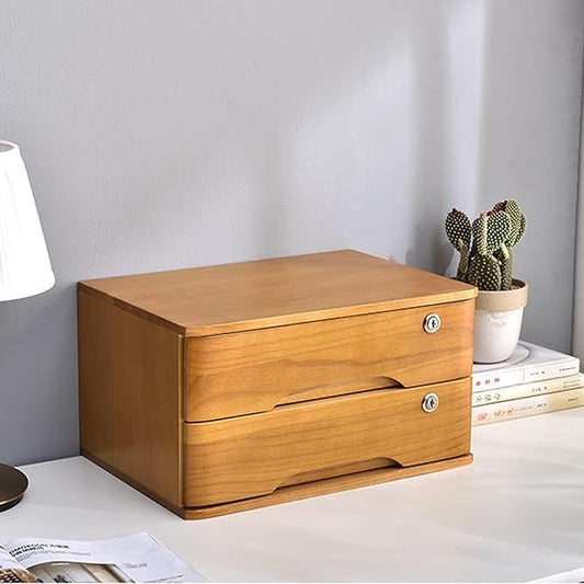 2 Drawers Wooden Desktop Storage Box,Small File Cabinet with Locks,Office Supplies A4 Filing Organizer for School,Classroom,Wood Yellow