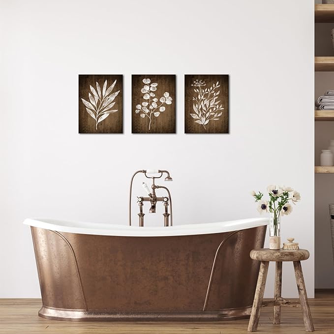 Conipit Rustic Botanical Wall Art Canvas Brown Botanical Painting Minimalist Vintage Leaf Plant Artwork Prints Framed For Living Room Bedroom Wall Decor 12''X16''X3pcs