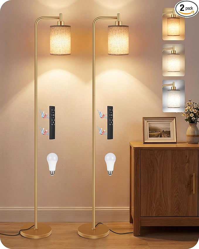 2Pack Dimmable Floor Lamp for Living Room with Remote and Foot Switch, Modern Standing, Corner Lamp,10W Bulb 3 Color Temperatures, for Bedroom, Office, ETL Listed, Gold and Beige DE19LDP205