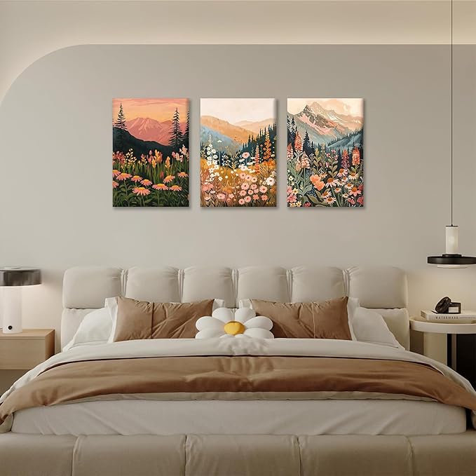 KBKBART Boho Colorful Landscape wall art Set of 3, Wildflower Mountain Wall Decor Vintage Floral Forest Paintings Rustic Nature Pictures Canvas Prints for Living Room Bedroom Dining Room 12x16 Inch