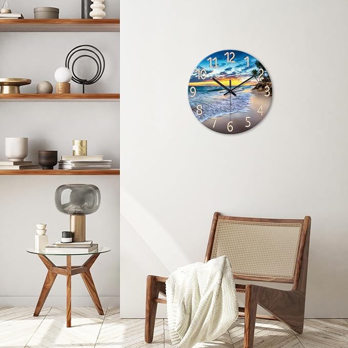 Beach Clocks Wall Decor Glass Modern Coastal Wall Clock Silent Non Ticking Blue Ocean Wall Clock Battery Operated 14 Inch
