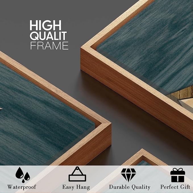 BINCUE Framed Mountain Wall Art,Neutral Landscape Canvas Wall Art,Blue Boho Mountain Artwork Woodcut,Modern Forest Moon Nature Painting for Home Bedroom Living Room Office 16x24 Inches Set of 3