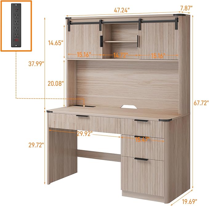 Farmhouse 67" H Executive Desk with Fluted Drawers,4 Drawers Fluted Computer Desk with LED Light,Charging Hub,Wood Workstation with Hutch and Sliding Barn Doors for Work and Study