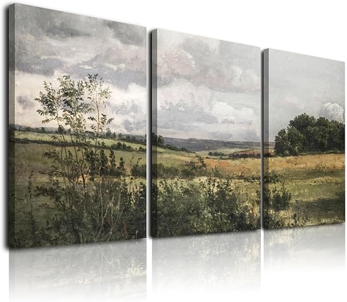 Vintage Bathroom Decor Wall Art Set of 3,Retro Country Wall Decor Field Landscape Wall Art Framed,Rustic Bathroom Wall Art Decor Moody Countryside Oil Paintings Pictures for Living Room Bedroom Office,12x16inch