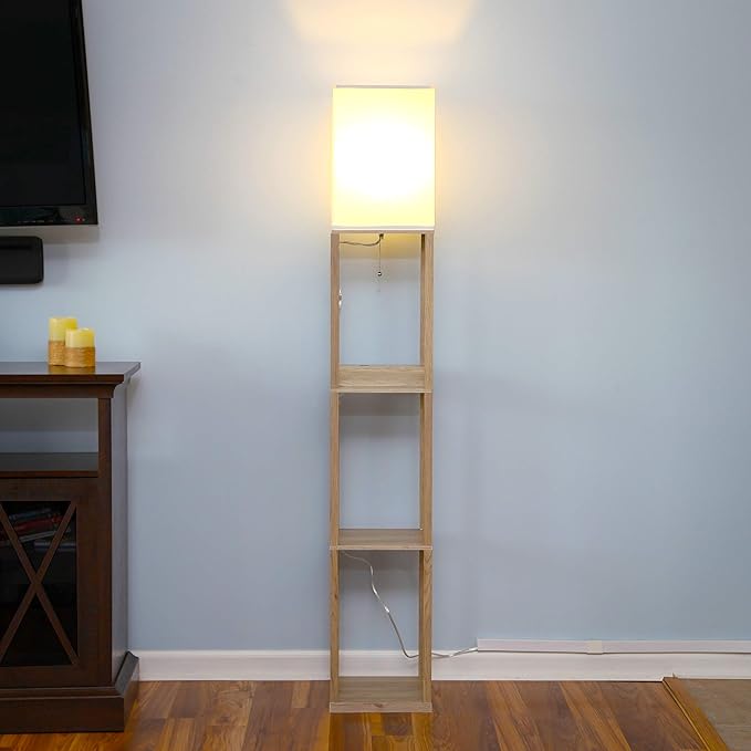 Brightech Maxwell Charger - Modern Shelf Floor Lamp with USB Charging Ports & Electric Outlet - Corner Display Floor Lamps with Shelves for Living Room, Bedroom and Office - Rustic Wood