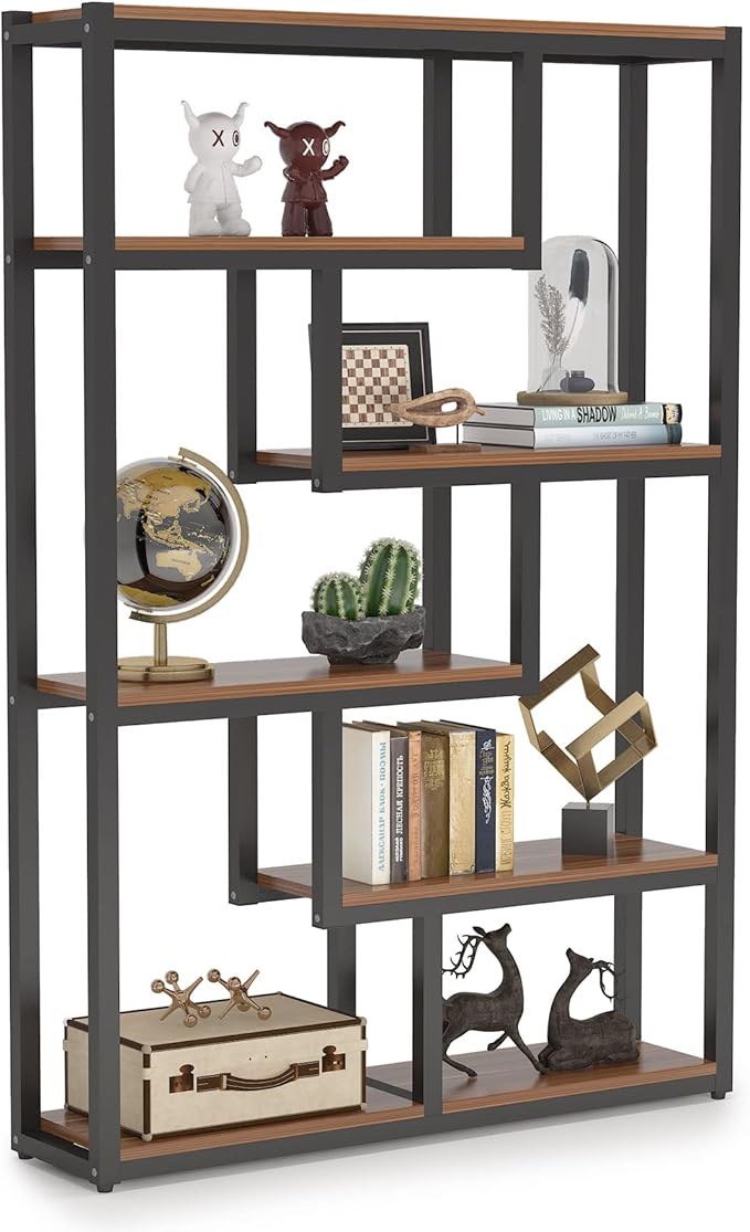 Tribesigns 6-Shelf Industrial Bookshelf Set of 2, Vintage Etagere Bookcase, 69 Inch Tall Storage Display Staggered Shelves with Sturdy Metal Frame for Home Office, Dark Walnut