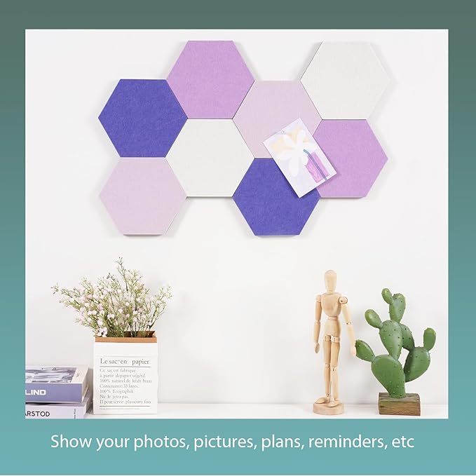 Felt Bulletin Board Tiles, 8 Pcs Hexagon Wall Tiles with Removable Adhesive, 7.9×6.9 Inch Cork Pin Board for Classroom, Home, Office (Set F, Middle)