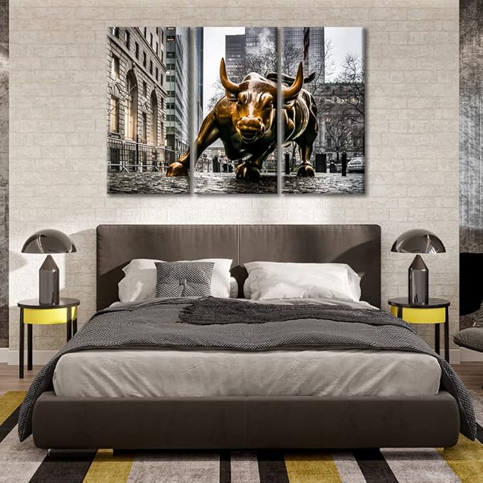 TUMOVO Modern Wall Decor 3 Panel Powerful Copper Bull Wall Art for Living Room Office Wall Decor Copper Bull Picture Painting Print on Canvas Stretched and Framed Ready to Hang - 60" Wx40 H