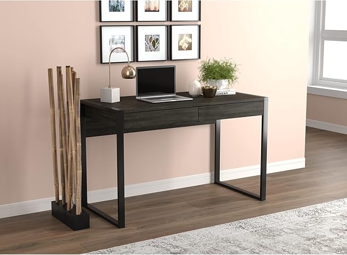 Safdie & Co. Computer Desk 47inch for Home Office and Small Spaces with 2 Drawers Dark Grey with Black Metal. Ideal for Writing, Gaming, Study, Work from Home.