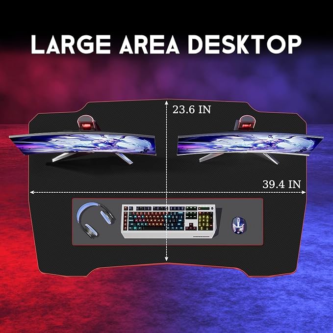 39 Inch Z-Shaped Computer Desk with Headset Hook - Ergonomic Small Gaming Table, MDF Desktop and Metal Frame, Red