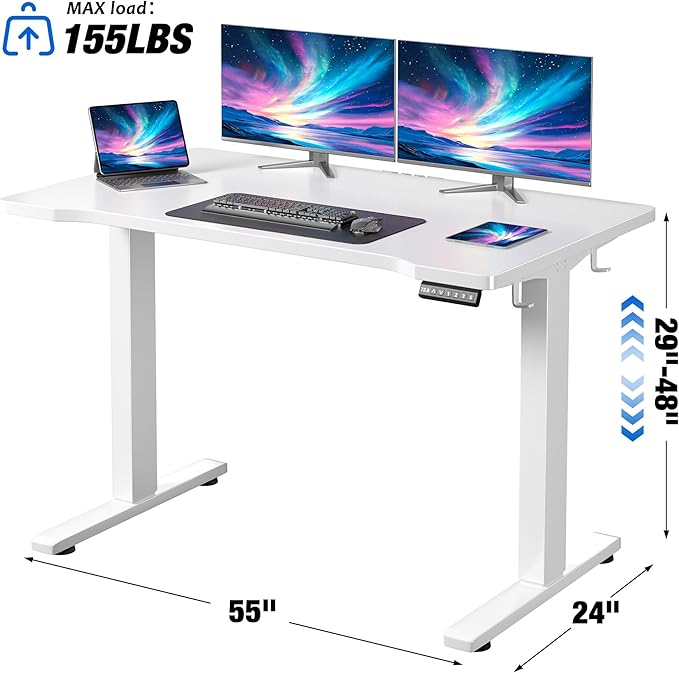 EnHomee Electric Standing Desk with LED Lights,Computer Desk 56 x 24 Inch Height Adjustable with 3 Memory Preset,Gaming Sit Stand Desk with Storage Side Pocket and Cable Management,White