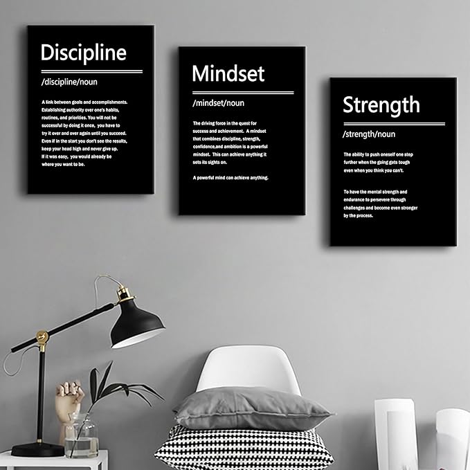 Inspirational Canvas Wall Art Strength Discipline Mindset 3 Pieces Poster Print Motivational Quotes Office Decor Picture Painting Artwork for Modern Home Bedroom Bathroom Ready to Hang [36''W x 16''H]