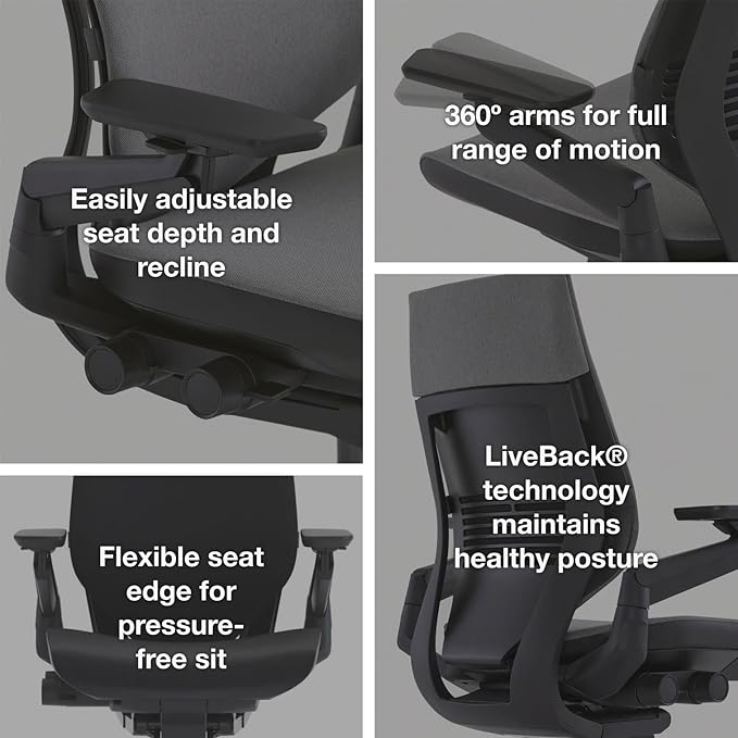 Steelcase Gesture Office Chair - Ergonomic Work Chair with Wheels for Carpet - Comfortable - Intuitive-to-Adjust for Desk - 360-Degree Arms - Licorice Fabric, Dark Frame