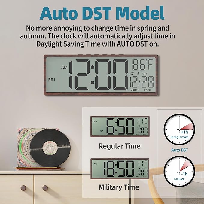 15" Large Digital Wall Clock Battery Operated Black, Clock with Large Display Numbers, Calendar, Auto DST, Clocks for Living Room, Kitchen, Office, Bedroom
