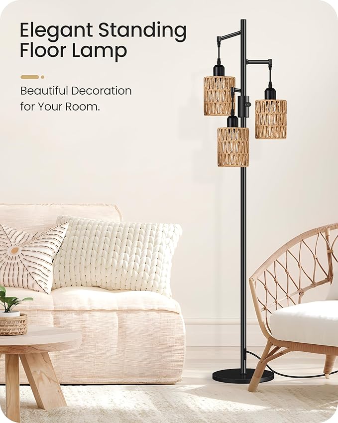Dimmable Floor Lamp, Farmhouse Tall Standing 70.3" Tree Lamp with 3 Rope Woven Lampshades, Boho Rattan Floor Lights, 4W 3 LED Bulbs Included, for Living Room, Bedroom, Study, Office B03LD05