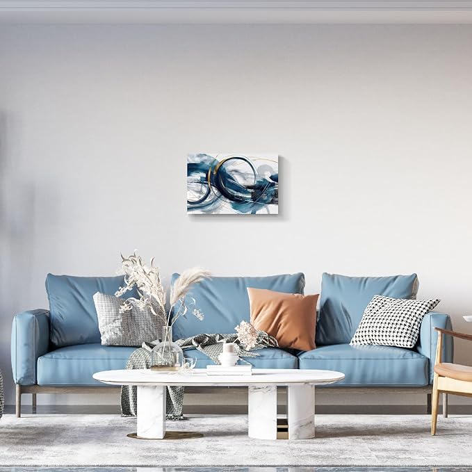 gaosoul Modern Abstract Canvas Wall Art Dynamic Blue Gold Lines Doodled on White Background Paintings Framed Minimalism Artwork Prints for Living Room Bedroom Office Decor 24x16in